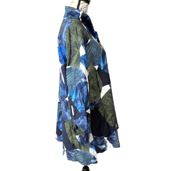Ali Miles Womens Tunic Button-Up Top Abstract Blue White Lagenlook Size XL - Picture 2 of 8